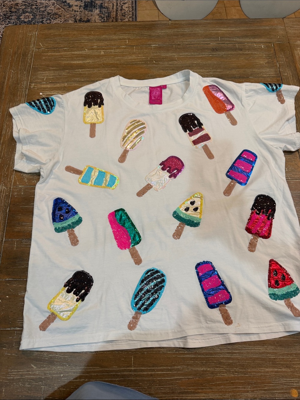QUEEN OF SPARKLES White Short Sleeve Tee with Colorful Sequin Popsicle Appliqués